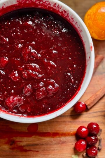 Homemade Cranberry Sauce with Orange & Cinnamon overhead shot