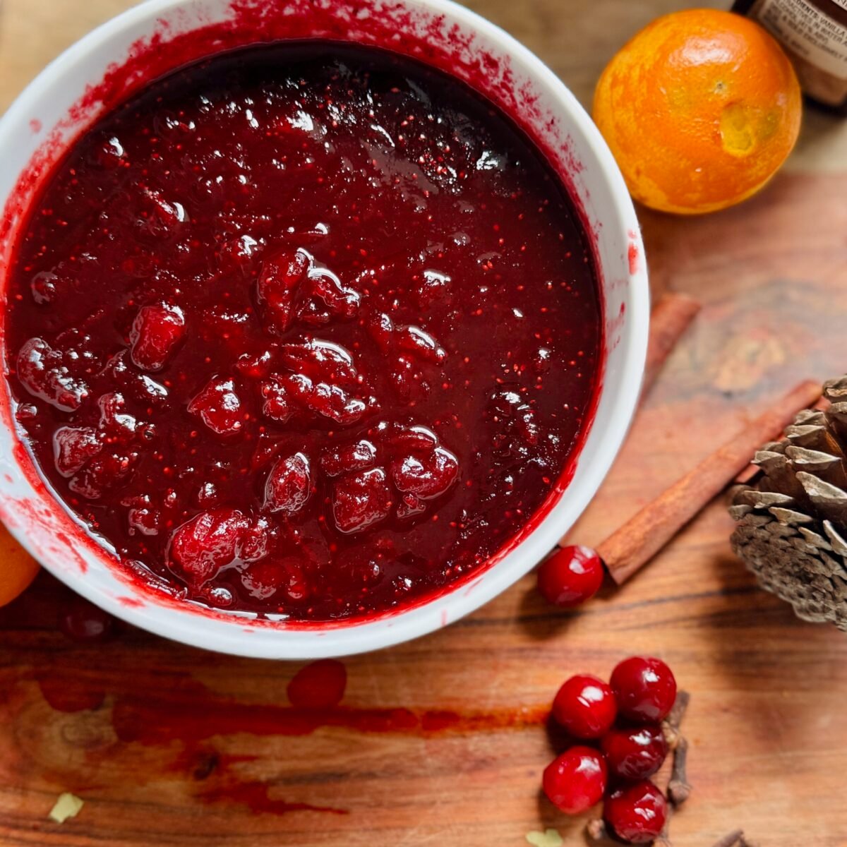 Homemade Cranberry Sauce with Orange & Cinnamon overhead shot