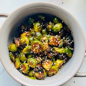 Host Thanksgiving with less stress - Maple Miso Brussels Sprouts overhead shot