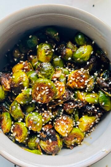 Host Thanksgiving with less stress - Maple Miso Brussels Sprouts overhead shot