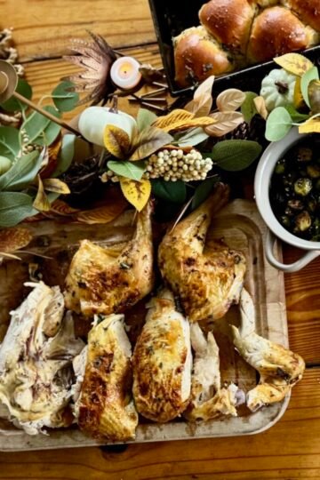 Host Thanksgiving with less stress -Thanksgiving Table overhead shot showing poultry