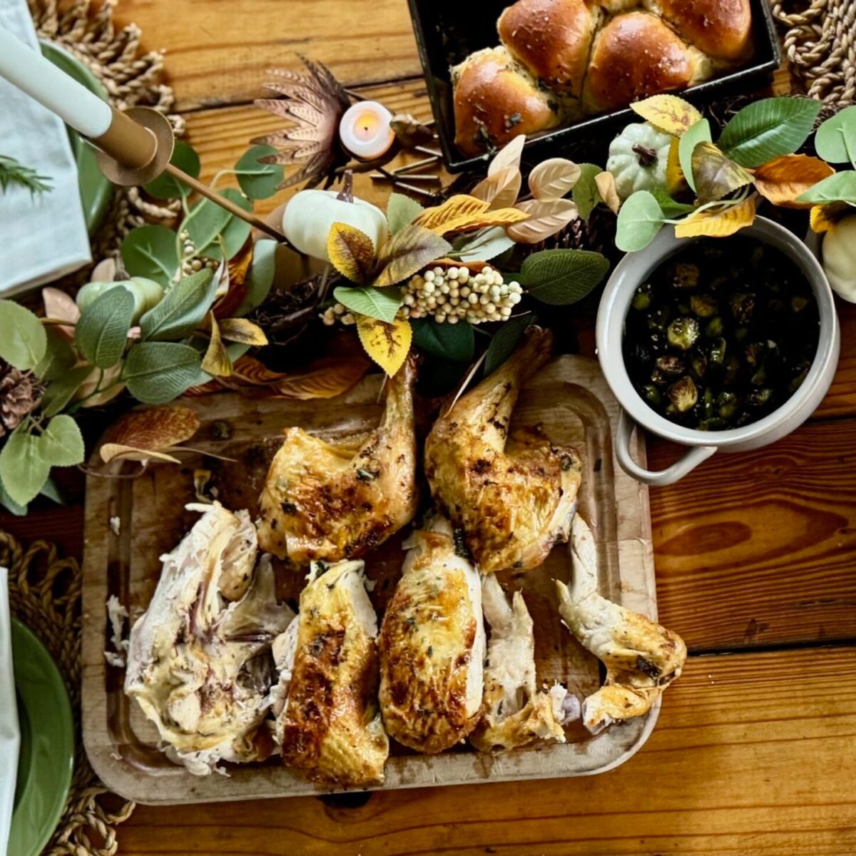Host Thanksgiving with less stress -Thanksgiving Table overhead shot showing poultry 