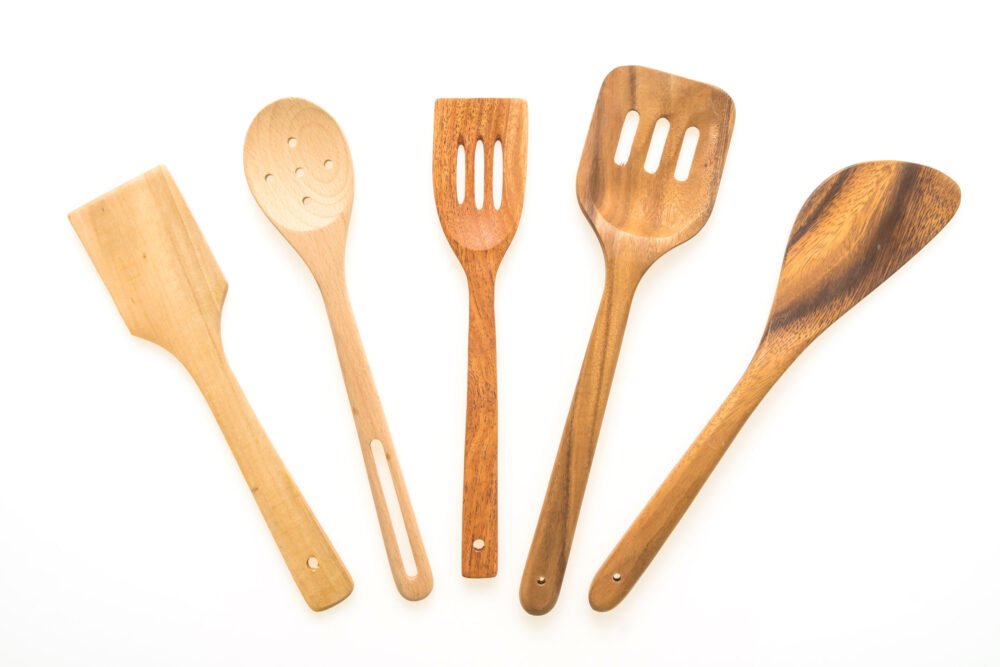 Wood utensils or kitchen ware isolated on white background