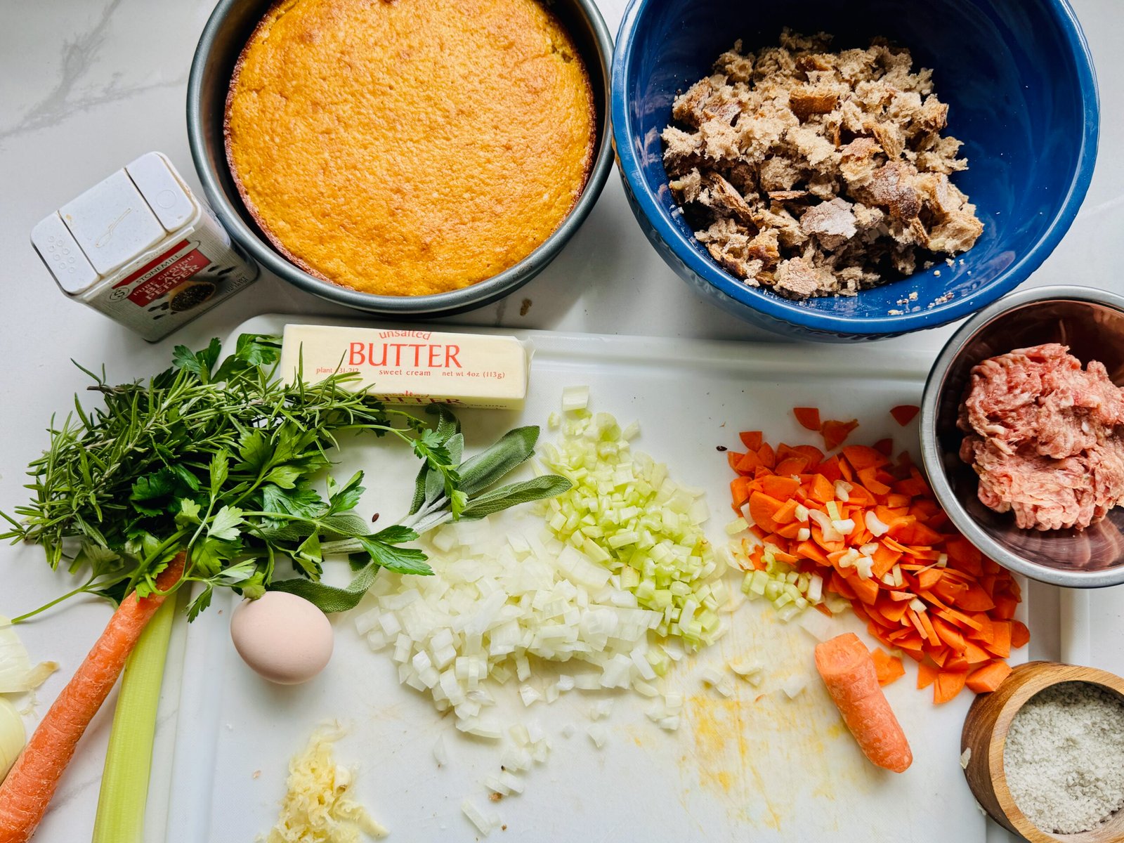 Ultimate Thanksgiving Stuffing ingredients overhead shot