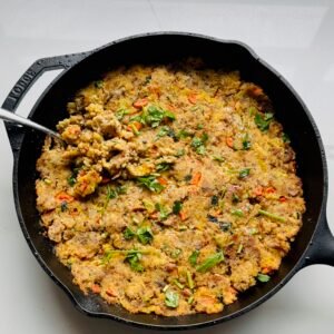 Ultimate Thanksgiving Stuffing overhead shot with spoon