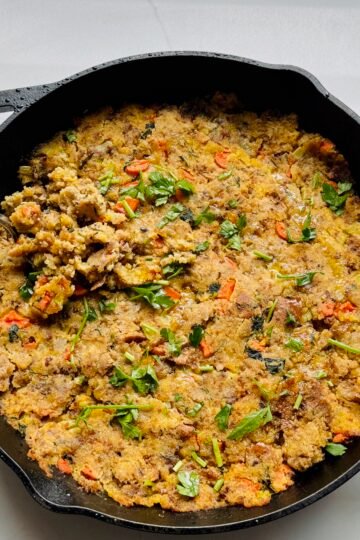 Ultimate Thanksgiving Stuffing overhead shot with spoon