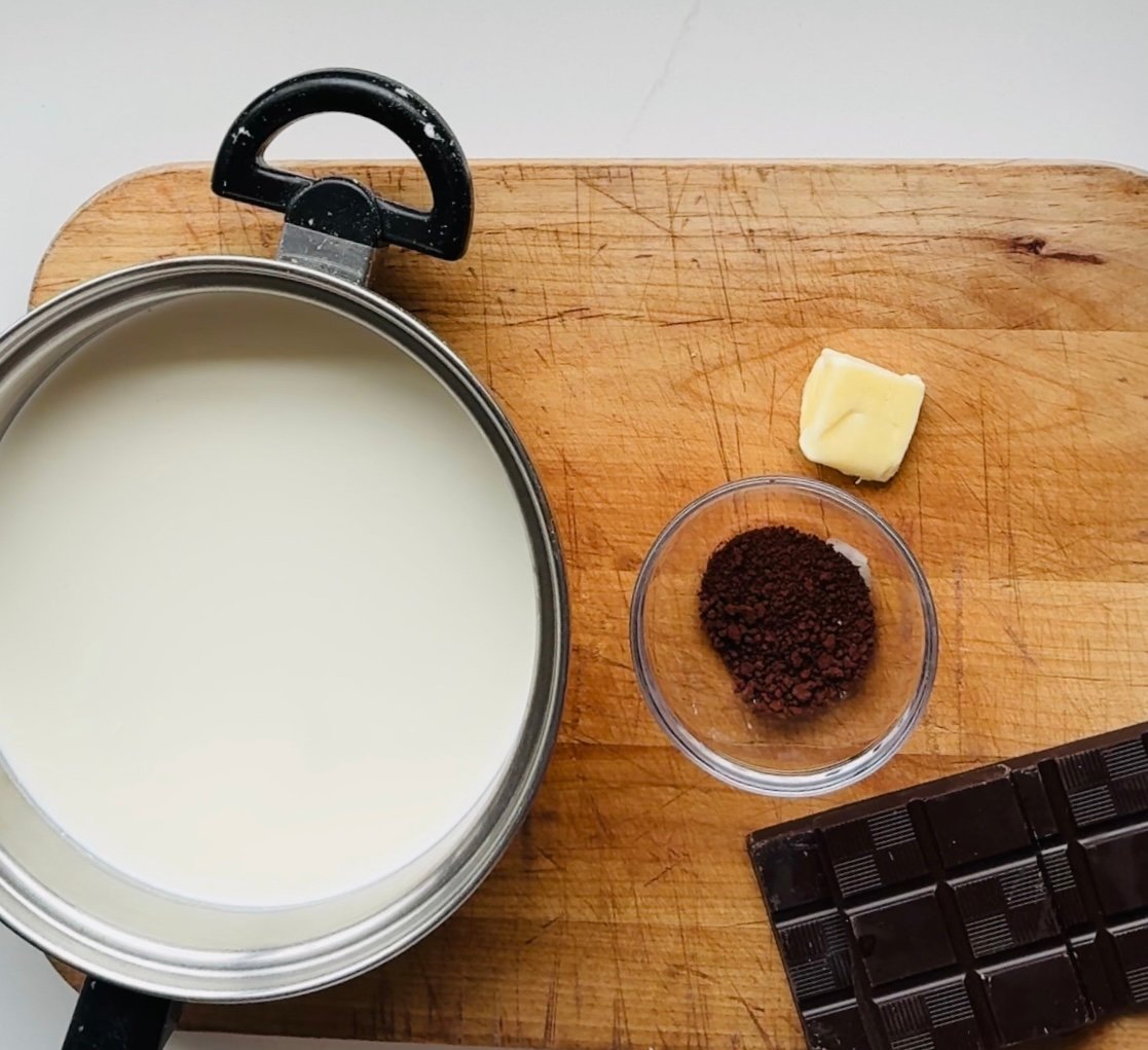 Simple Chocolate Ganache ingredients overhead shot