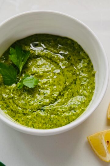 Zhough Sauce in a white bowl