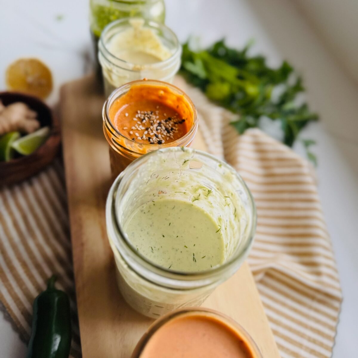 Colorful homemade sauces on a table