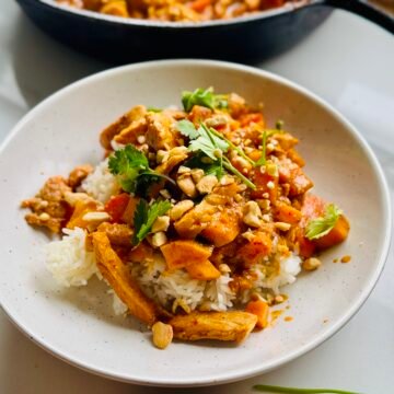 Panang Curry served over rice close up shot