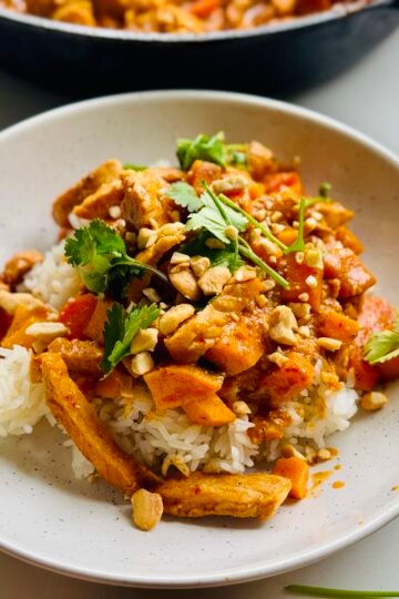 Panang Curry served over rice close up shot