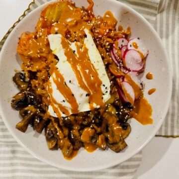 Kimchi Fried Rice (Bokkeumbap) with Mushrooms and Fried Egg