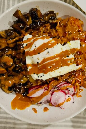 Kimchi Fried Rice (Bokkeumbap) with Mushrooms and Fried Egg
