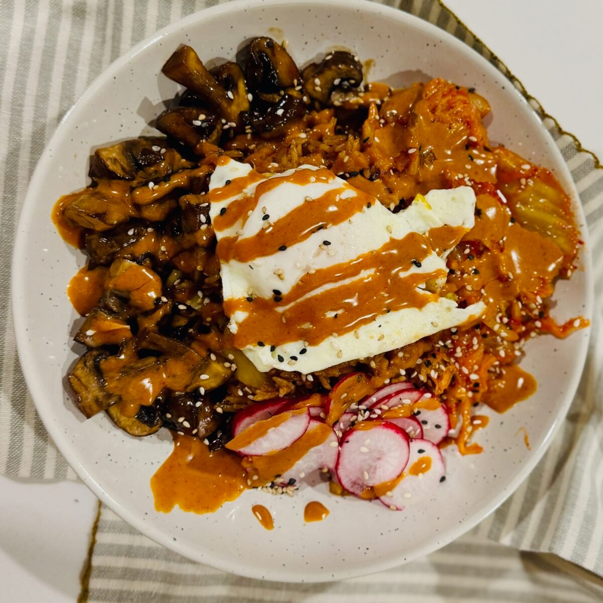 Kimchi Fried Rice (Bokkeumbap) with Mushrooms and Fried Egg