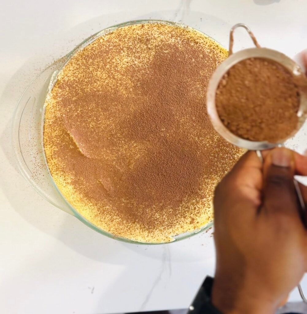 classic tiramisu during with cocoa powder