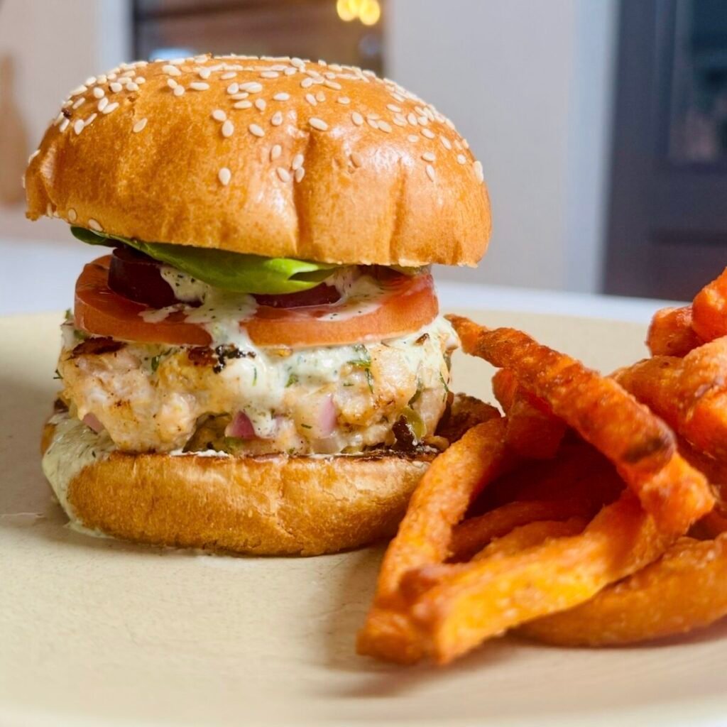 Salmon Burger with Old Bay Dill Secret Sauce