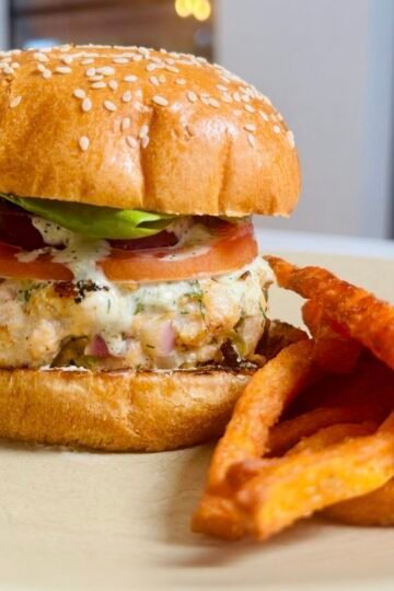 Salmon Burger with Old Bay Dill Secret Sauce