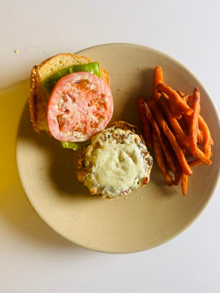 Salmon Burger with Old Bay Dill Secret Sauce