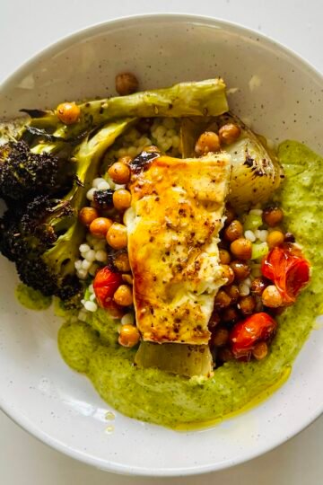Za’atar Baked Feta Bowl with Chickpeas, Broccoli, and Green Sauce