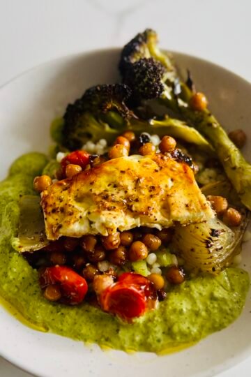 Za’atar Baked Feta Bowl with Chickpeas, Broccoli, and Green Sauce