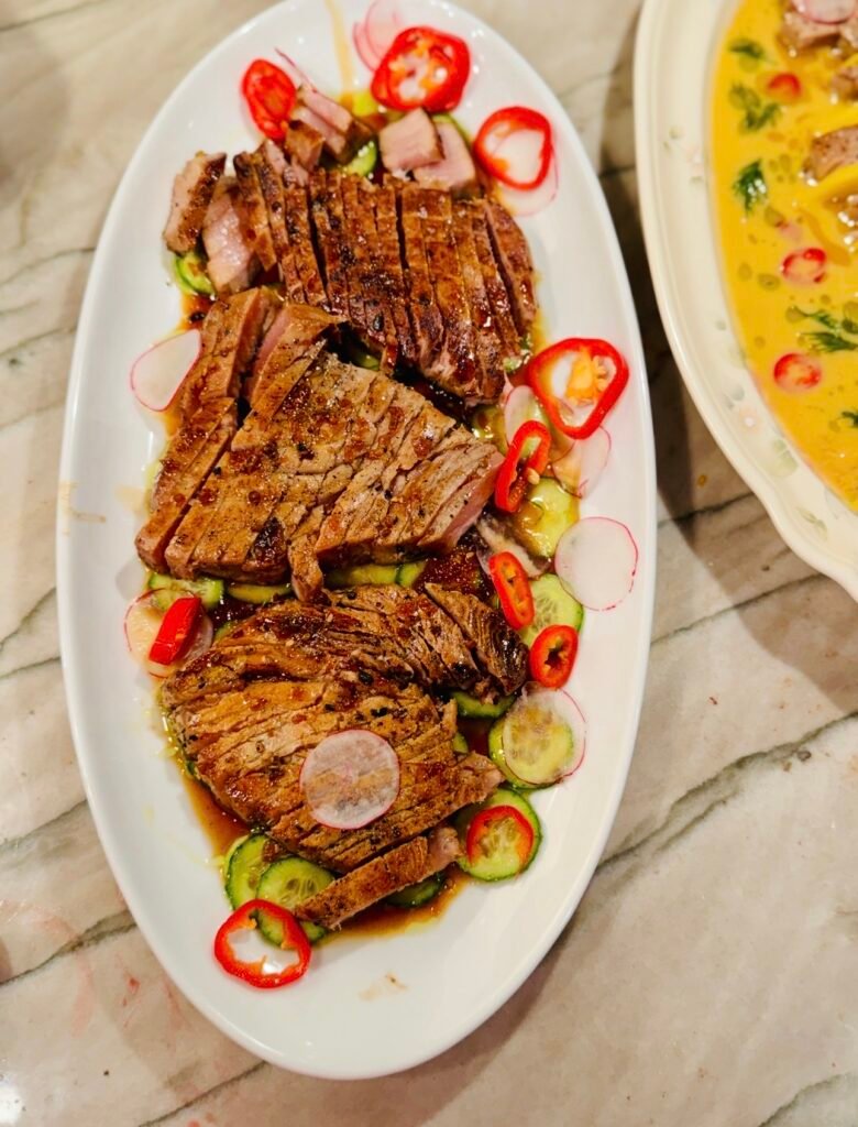 Ahi tuna appetizer platter with cucumber, radish, and red chili