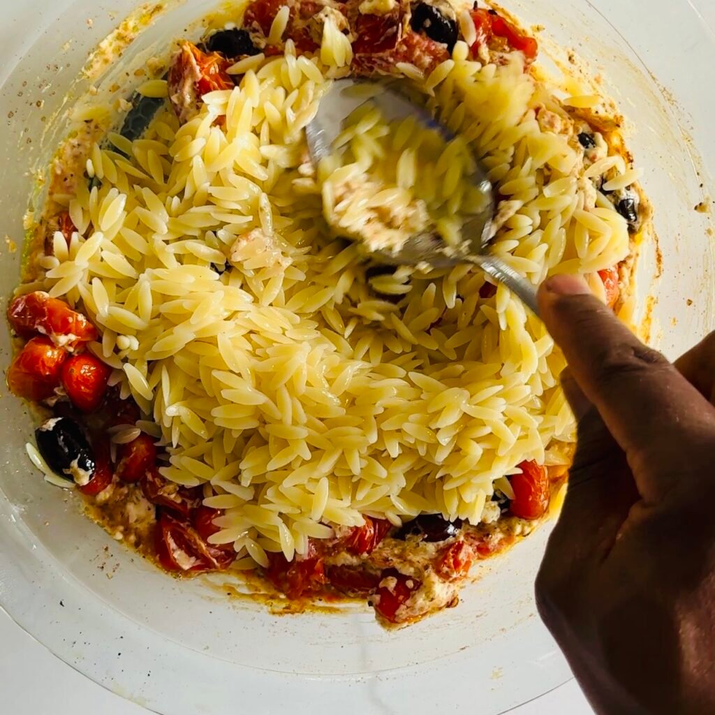 Baked Feta Orzo with Tomatoes, Olives, and Garlic