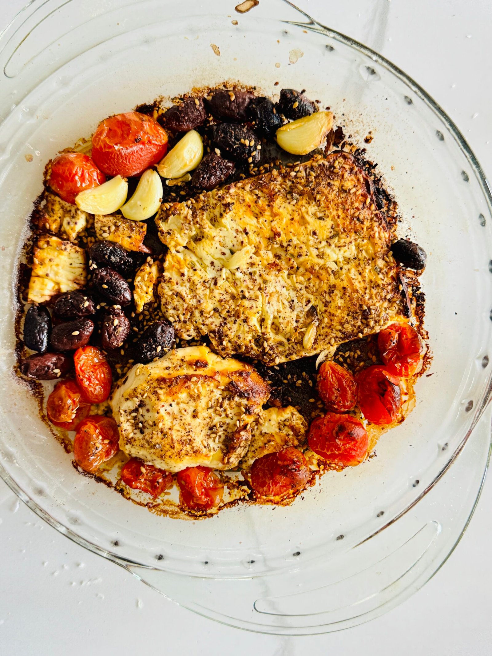 Roasted feta with cherry tomatoes, Kalamata olives