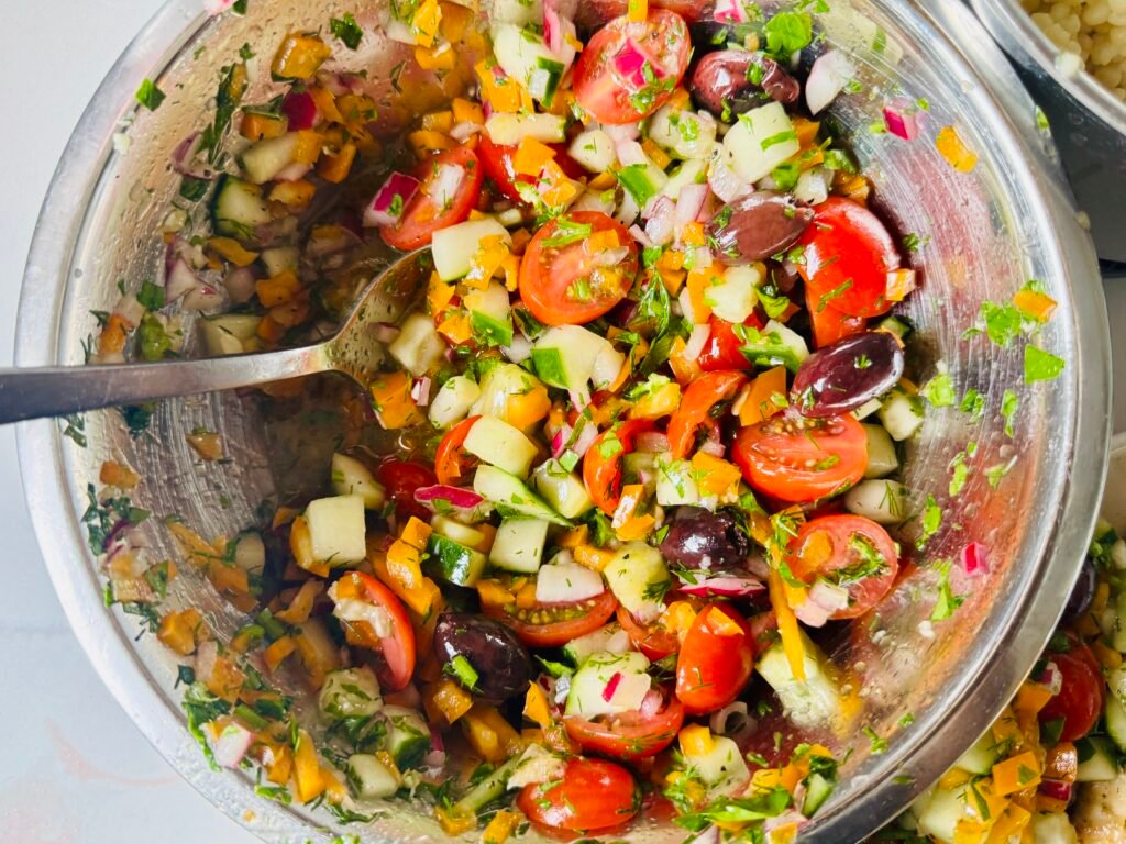 Mediterranean cucumber tomato salad for Greek chicken bowls