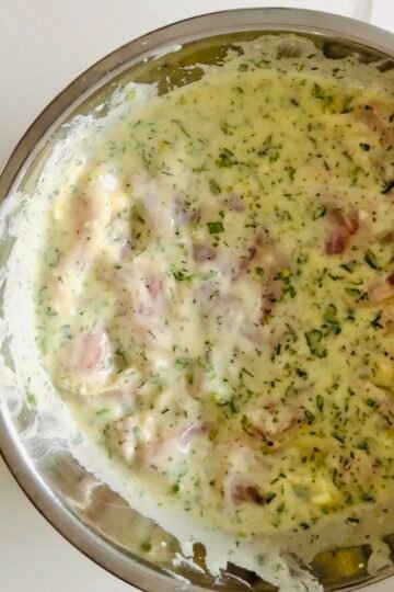 Boneless chicken thighs coated in Greek yogurt marinade with lemon, garlic, oregano, and cumin