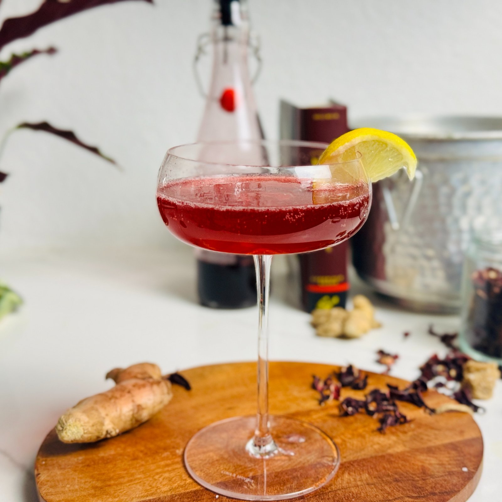 Deep red hibiscus-ginger Champagne cocktail in a coupe with a lemon garnish.